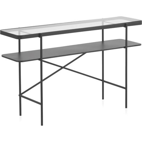 Console élégante en métal noir avec plateau en verre transparent - noir mat et verre transparent (1/5)