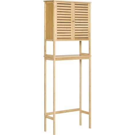 Meuble de salle de bain en bambou naturel, avec 2 portes, 1 étagère intérieure et 1 support de rangement, pour lave-linge et WC. Dimensions : 60 x 23 x 173 cm. (1/5)