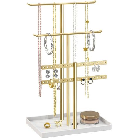 pieza, soporte de exhibición de joyería resistente de 37 cm (14,5 pulgadas) que contiene 80 piezas de joyería, soporte de exhibición chapado en oro para collares, aretes y pulseras (1/4)