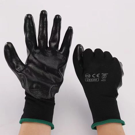 Gants noirs M 12 13 aiguilles en polyester et nitrile noir lisse, antidérapants et résistants à l'usure (1/5)