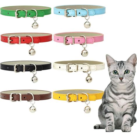 Colliers en cuir pour chats avec clochettes et boucles métalliques résistantes et réglables, faits main, lot de 8 (1/4)