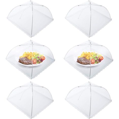 Lot de 6 cloches alimentaires pliables en forme de parapluie, idéales pour protéger vos aliments, fruits, pique-niques et barbecues des mouches. Dimensions : 45 x 45 cm. Couleur : blanc.