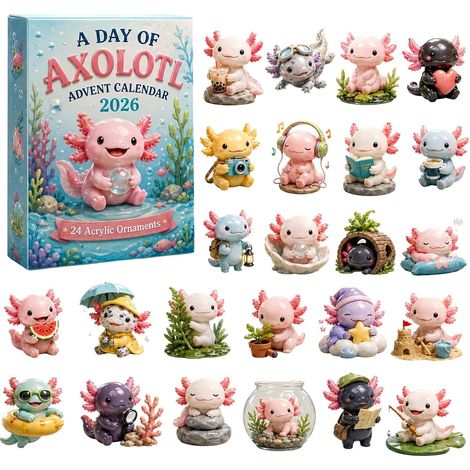 Adventskalender „Ein Tag mit Axolotl“ 2026 – Weihnachtskalender mit Countdown und 24 einzigartigen Axolotl-Anhängern aus Acryl – Überraschungsbox mit Sammler-Hängedekorationen – Geschenk für Axolotl-L (1/5)