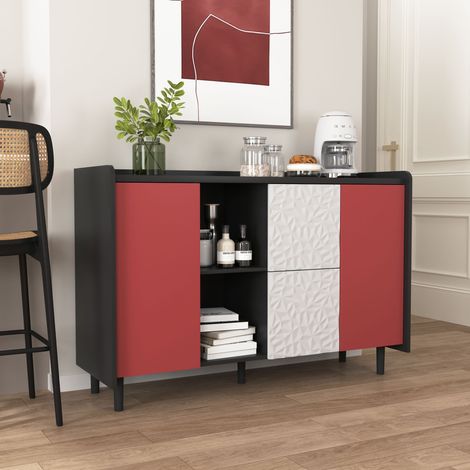 REDOM Buffet 40x120x80cm grand espace de rangement MDF 2 tiroirs 2 niches ouvert noir et rouge (1/5)
