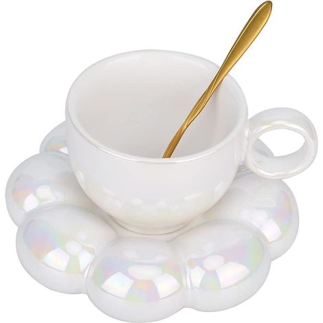 Keramik-Kaffeetasse, wolkenförmiges Kaffeeset mit Untertasse, hübsche Tasse mit Blumenlöffel und Sonnenblumen-Untertasse, Kawaii-Teetasse mit Untertasse (1/5)