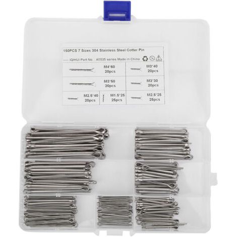 DEESSE SHOP-Kit d'assortiment de Goupilles Fendues, Goupilles d'attelage, Goupilles Fendues 7 Spécifications 150 Pièces en Acier Inoxydable pour Appareils électroménagers. (1/5)