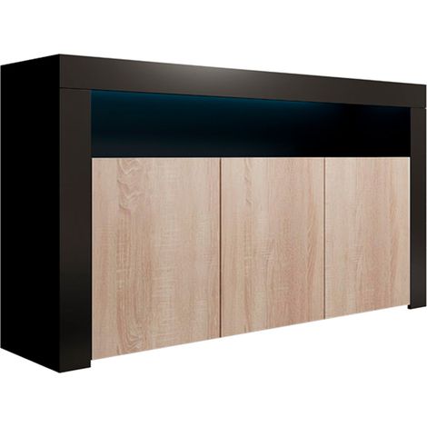 Sideboard Modern mit LED Küchenschrank Kommode Wohnzimmerschrank 3 Türen Aufbewarungsschrank Buffet Esszimmer 155x91x37cm Modell Aker Schwarz und Sonoma Matt (1/4)