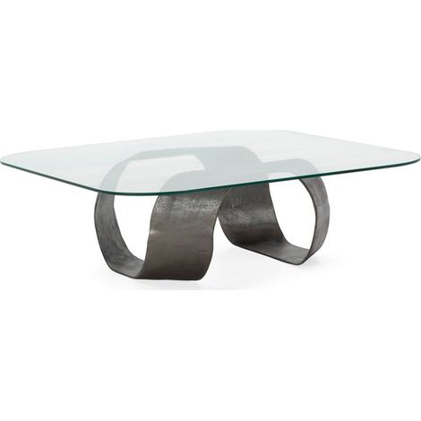 Table basse carrée en verre et métal sculptural - plomb antique et verre transparent (1/4)