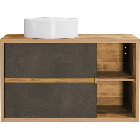 Meuble de salle de bain suspendu avec vasque ronde - Coloris naturel et anthracite - 100 cm - TIKITIKI (1/4)