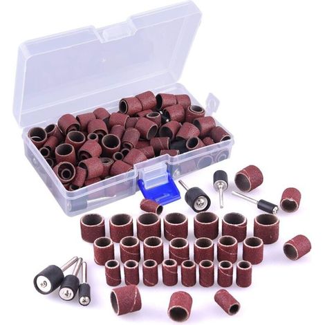 Set di 132 tamburi abrasivi in gomma con scatola inclusa, comprendente 120 nastri abrasivi e 12 mandrini per utensili rotanti Dremel. (1/4)
