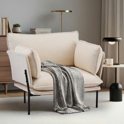 Bouclé Loungesessel mit Metallbeinen – gepolsterter Akzentstuhl für Wohnzimmer & Schlafzimmer (Creme) (1/5)