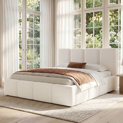 Lit double rembourré 180 x 200 cm avec sommier à lattes et tête de lit bouclée beige REDOM (1/5)