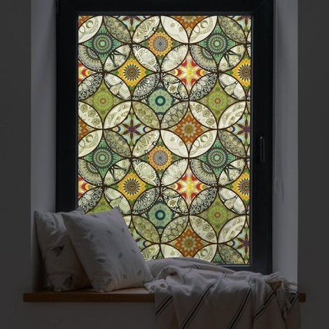 Film vitrage décoratif 45x300cm, motif cercles dépoli jaune, adhésif statique intimité fenêtre (1/5)
