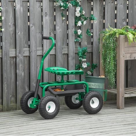 Chariot de jardin avec siège pivotant, hauteur réglable, panier de rangement, 150 kg, vert HAVRYA (1/5)