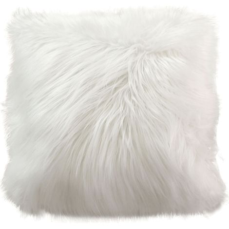 Coussin déhoussable imitation fourrure long poil Blanc 45x50 cm (1/2)