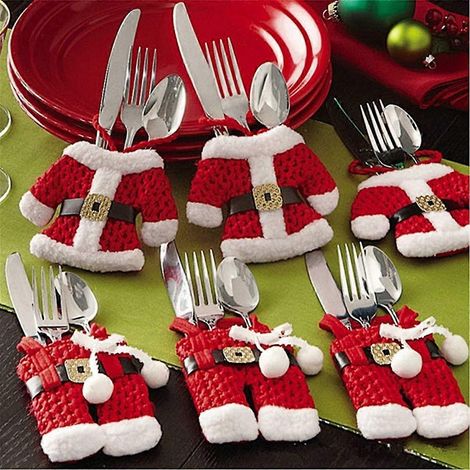 Porte-couverts de Noël, pochettes pour couteaux et fourchettes, sac, costume de Père Noël, décoration de table pour un dîner de Noël (rouge) (1/4)