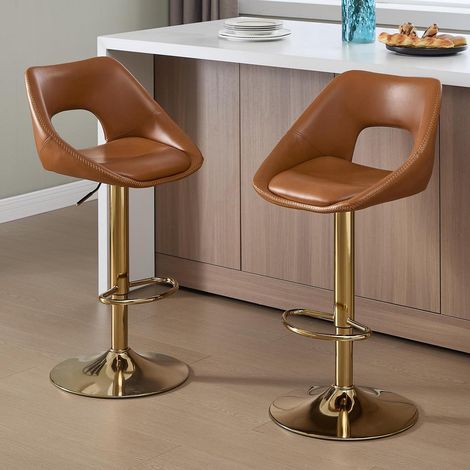 Lot de 2 tabourets de bar réglables en hauteur, pivotants à 360°, avec repose-pieds doré et dossier, similicuir marron (1/5)