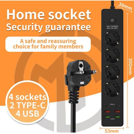 Multiprise Convertisseur EU 10A/250V – Idéal Bureau & Voyages,Cordon d'alimentation T4403PD-3 mètres [Noir] (1/5)