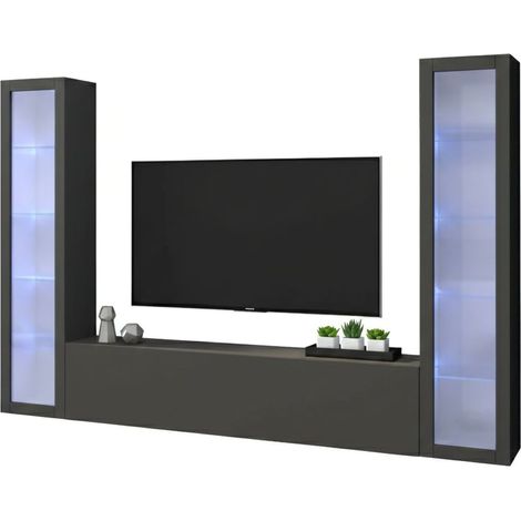 Dmora - Parete attrezzata Leda, Set salotto porta TV a 3 ante, Mobile soggiorno multiuso con vetrina e luce LED, 100% Made in Italy, cm 260x30h180, Antracite (1/5)