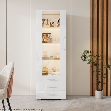 Vitrina 60x35x180 cm blanca en MDF con LED, puerta acrílica y 3 cajones (1/5)