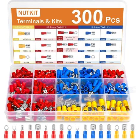 Cosses Electriques a Sertir, 15 Types Cosses Electriques Voiture 300PCS Connecteurs électriques Kit a Sertir:0.5-6.0mm²,Cosse Electrique Isolée avec Douilles Isolantes,Cosse Electrique Plate (1/5)