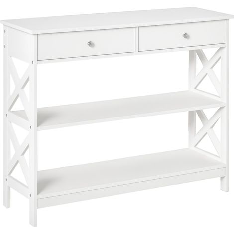 Console d'entrée avec 2 tiroirs et 2 étagères basses, meuble moderne avec piètement anti-basculement surélevé, 100 x 30,5 x 80 cm, blanche (1/4)