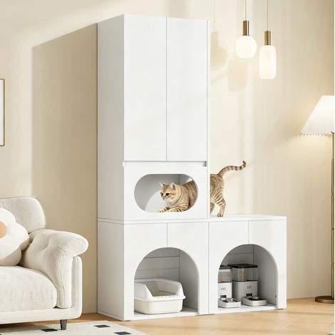 Armario para areneras para gatos 140x45x195 cm, con zona de descanso, almacenamiento cerrado, MDF blanco (1/5)