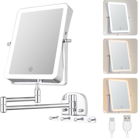 Miroir Maquillage Lumineux Rechargeable, Miroir Salle de Bain avec Éclairage 3 Couleurs, Miroir LED Grossissant 7X Mural Rectangulaire, Bras Extensible et Crochet(AMZ-NHZJ2313-EU) (1/5)