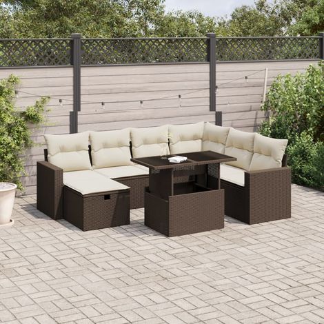 Canapé d'Angle Modulable 8 Pièces Salon Jardin Résine Tressée Marron avec Table Réglable et Coussins Crème (1/4)