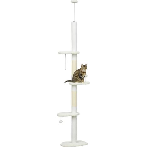 Arbre à chat 225-255 cm réglable en hauteur Tour pour chat 3 griffoirs et 2 balles 48x32x225-255 cm blanc (1/5)