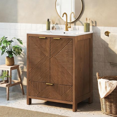 Meuble vasque 61 cm avec lavabo céramique et tiroir walnut (1/5)