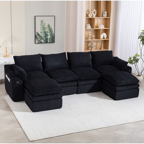 Sofá modular de 4 plazas 335x167x85 cm en pana negra con 2 pufs para salón – MEUBLIV (1/5)