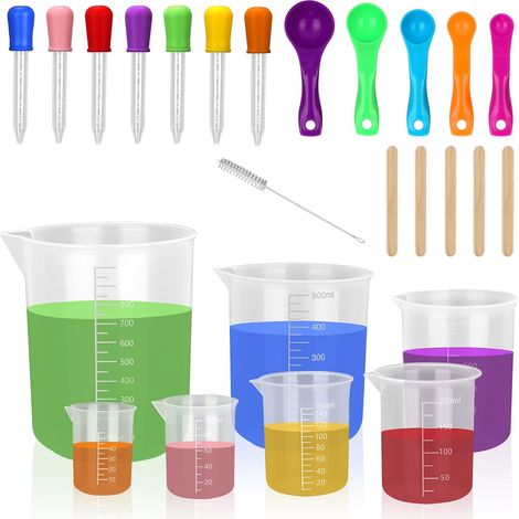Lot de 25 Verres Doseurs en Plastique, 7 Pièces 1000/500/250/200/150/100/50ml Becher Gradué Transparent Gobelet Doseur avec Compte Gouttes et Cuillère Doseuse pour Laboratoire de Cuisine (1/5)