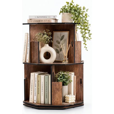 Bibliothèque rotative à 2 niveaux, étagère décorative pour la maison et le bureau (noyer) (1/5)