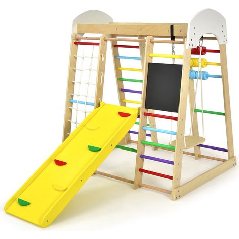 Zona de juegos multicolor 8 en 1 de 124 x 119 x 138 cm con tobogán reversible y pared de escalada segura de madera de abedul 200010028