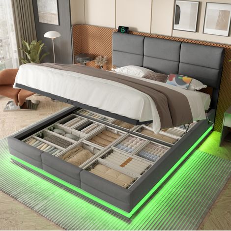 Cama tapizada 180/200 cm gris oscuro de terciopelo con canapé, LED y puertos USB/Type-C (1/5)