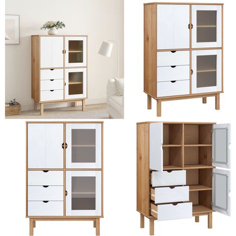Buffet haut OTTA marron et blanc 85x43x125 cm bois massif pin - Buffet - Armoire - Meuble De Rangement - Mobilier - Bois Massif - Home & Living (1/5)