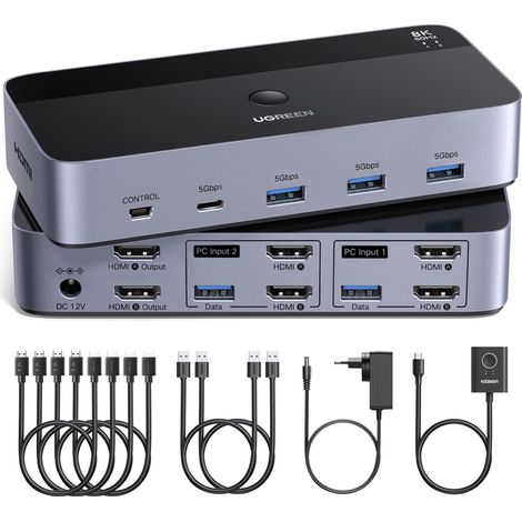 Switch HDMI KVM 2 Entrées 2 Sorties 8K 60Hz pour 2 Affichage Commutateur KVM avec 4 Ports USB 3A1C 5Gbps pour Clavier Souris Disque Dur Contrôleur de Bureau Câbles HDMI 2.1 Inclus (1/5)