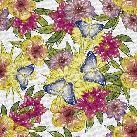 Telas decorativas para exteriores estilo Oxford con estampado de flores y mariposas azules. (1/5)