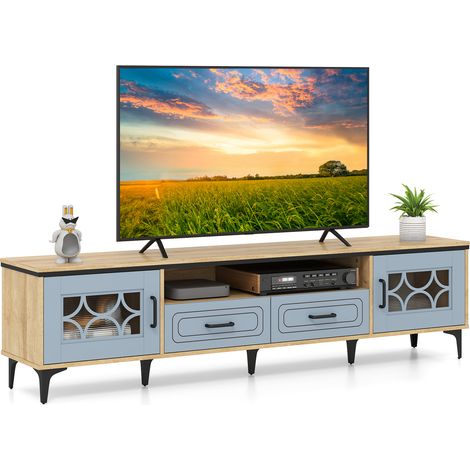 Meuble TV pour Téléviseurs Jusqu'à 80", 180,5 x 35 x 46 cm avec 2 Tiroirs, 2 Armoires & Compartiment, 7 Pieds Métalliques Surélevés, pour Salon, Chêne (1/5)