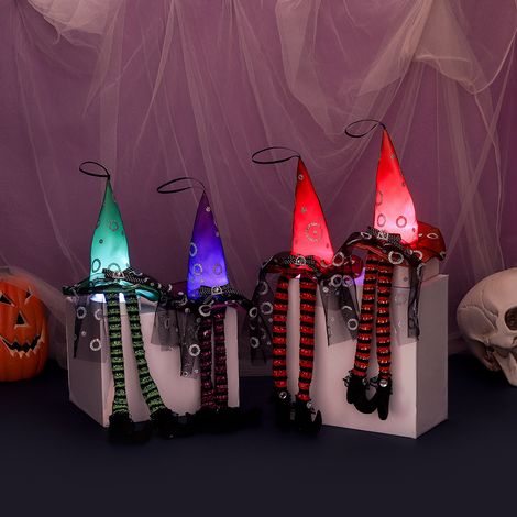 Chapeau de sorcière lumineux orange pour Halloween, décoration suspendue à longues jambes, accessoire de vitrine, ornement de fête (1/4)