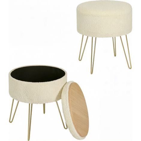Pouf contenitore rotondo con coperchio vassoio in teddy fleece beige 39 x 44 cm MODENUIT (1/5)