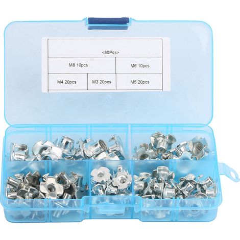 Kit de 80 écrous en T à quatre branches en acier au carbone M3/4/5/6/8 pour le travail du bois et l'ameublement (1/5)