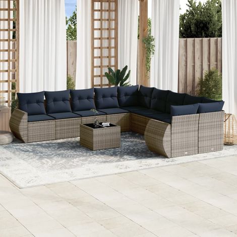 Ensemble de canapé de jardin 11 pcs en résine tressée gris et coussins bleu marine - PANGIVO (1/5)