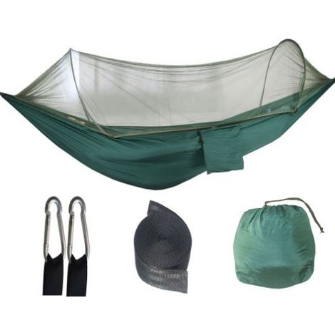 vert foncé, ouverture rapide, 250 x 120 cm Hamac en nylon anti-basculement, hamac simple ou double d'extérieur, hamac parachute léger pour le camping, hamac en nylon avec moustiquaire (1/5)