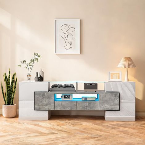 Meuble TV Lowboard blanc brillant avec LED 145 cm coloris blanc (1/5)