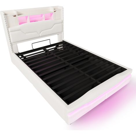 Polsterbett 140x200 cm aus beigem Leinen mit LED, USB-Anschluss und hydraulischem Stauraum (1/5)