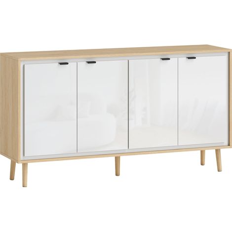 Buffet style nordique 4 portes avec étagères FATINA blanc brillant et effet bois clair (1/5)