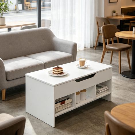 Mesa baja elevable con almacenamiento y 3 nichos abiertos, blanco, 96x45x51/96x60,5x72,5 cm