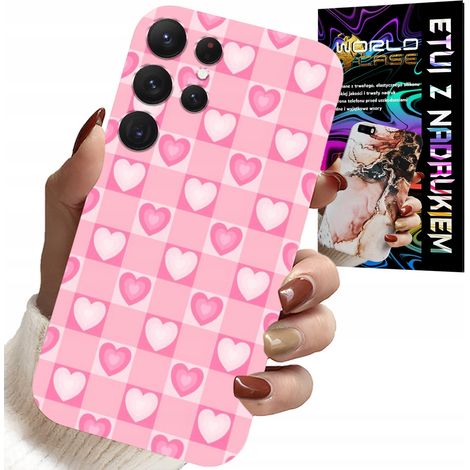 Schutzhülle für Samsung Galaxy S23 Ultra – Rosa karierte Hülle mit Herzen + Folie (1/5)